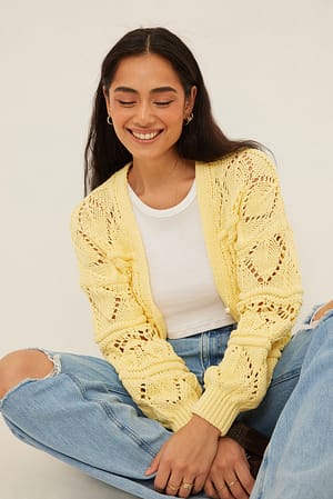 Light Yellow Crochet Knitted Pearl Button Cardigan