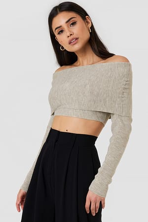 Beige Melange Cropped Folded Knitted Sweater