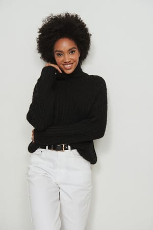Black Cropped Knitted High Neck Sweater