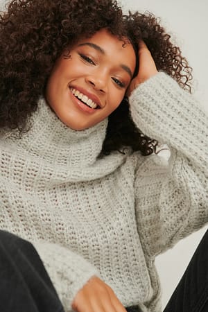Grey Melange Cropped Knitted High Neck Sweater