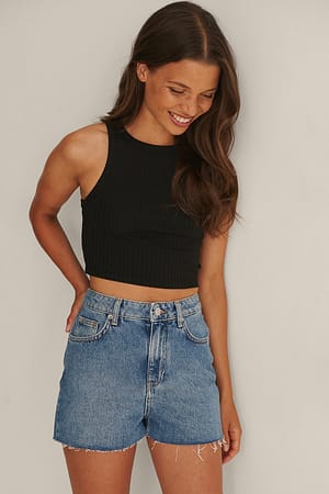 Black Cropped Ribbed Jersey Tank Top