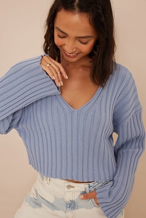 Mid Blue Cropped V-Neck Knit Sweater