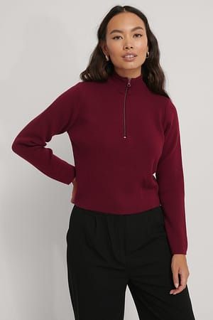 Burgundy Cropped Zip Detail Knitted Sweater