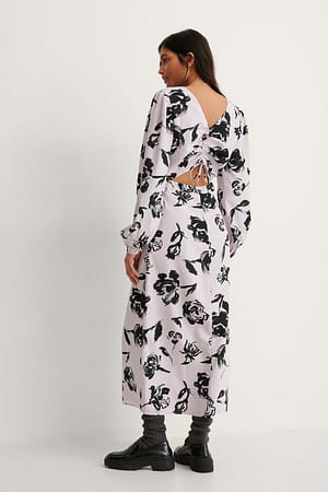 Black/Pink Flower Print Cut Out Long Sleeve Midi Dress