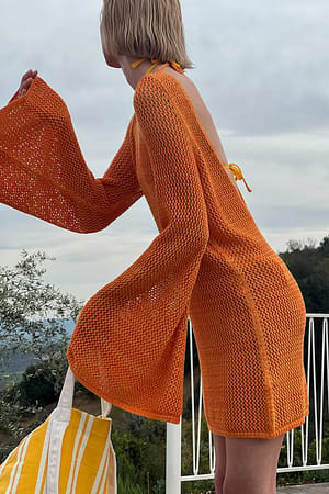 Orange Vestido de Malha de Costas Fundas
