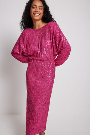 Pink Deep Back Sequin Midi Dress