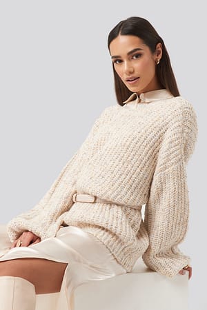 Beige Deep Neck Melange Sweater
