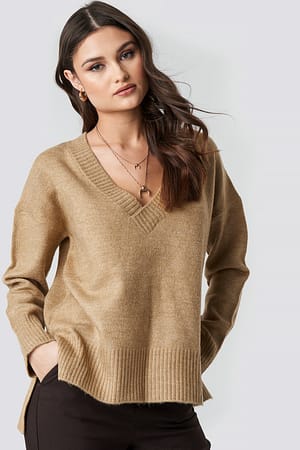 Beige Deep V-neck Oversized Sweater