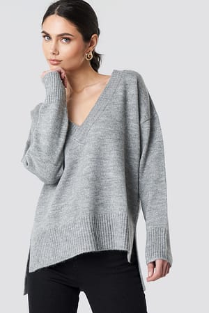 Grey Deep V-neck Oversized Sweater