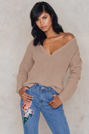 Beige Deep V-neck Sweater