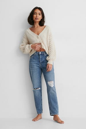 Mid Blue Organic Destroyed Detail Mom Jeans