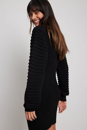 Black Detailed Sleeve Knitted Mini Dress