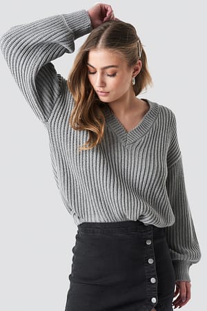 Grey Balloon Sleeve V Shape Knitted Sweater