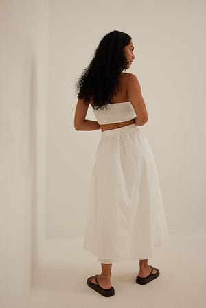 White Elastic Waist Midi Cotton Skirt
