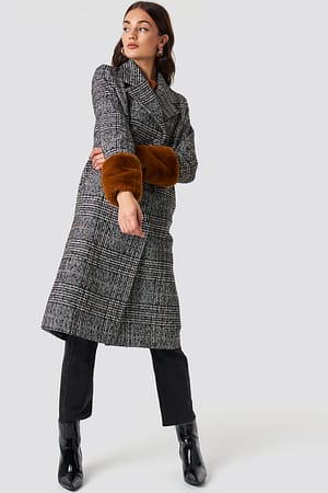 Checked Faux Fur Sleeve Plaid Coat