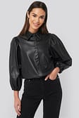 Black Faux Leather Puff Sleeve Shirt