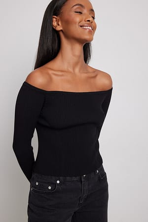 Black Fine Knitted Off Shoulder Top