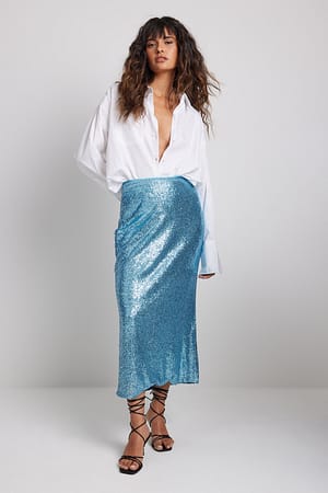 Blue Fitted Midi Length Sequin Skirt