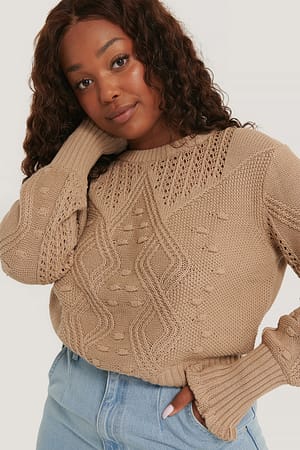 Beige Flounce Detail Knitted Sweater
