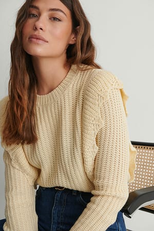 Offwhite Flounce Detail Long Sleeve Knitted Sweater