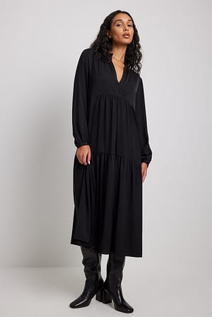 Black Flowy V-neck Midi Dress