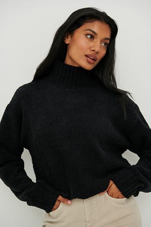 Black Fluffy High Neck Knitted Sweater