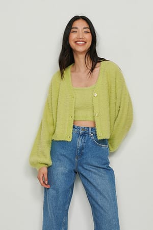 Light Green Fulffy Knitted Cropped Cardigan