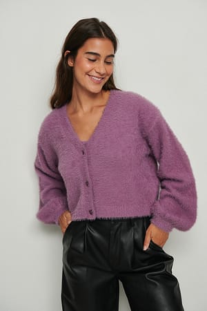 Light Lilac Fulffy Knitted Cropped Cardigan