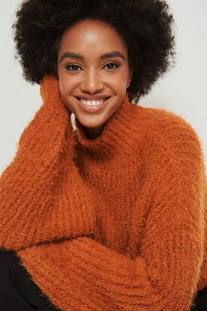 Rust Fluffy Knitted Turtleneck Sweater