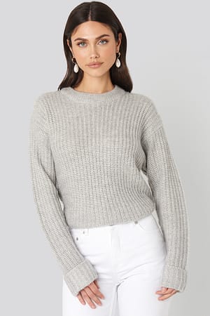 Grey Folded Sleeve Round Neck Knitted Sweater