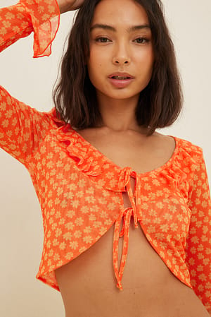 Orange flower Bluse med print og flæsedetalje