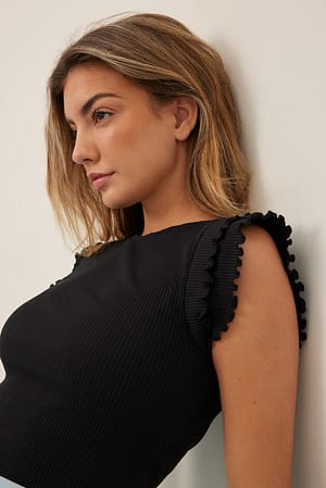 Black Frill Ribbed Jersey Top