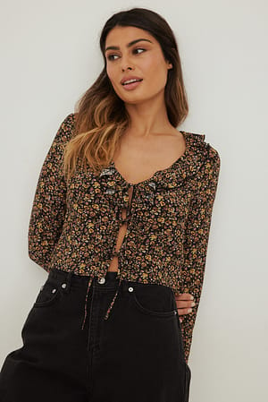 Flower Frill Tie Front Blouse