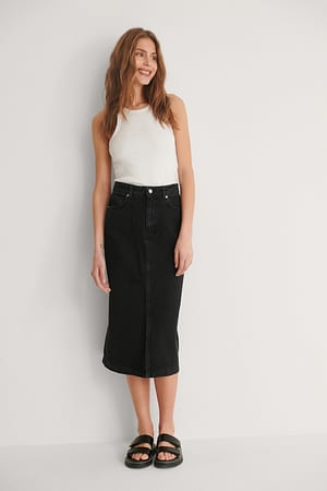 Black Front Slit Midi Denim Skirt