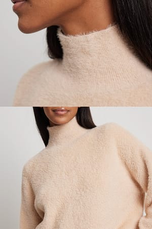 Light Beige Fuzzy Knitted Round Neck Sweater