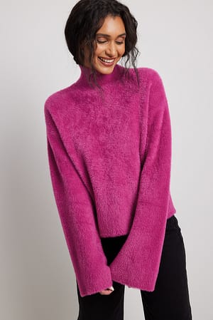 Pink Strikket dunet sweater med rund hals