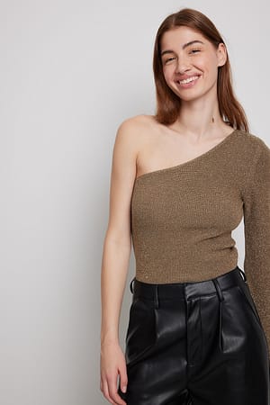 Taupe Glitter Knitted One Shoulder Top
