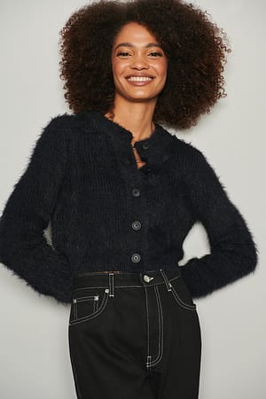 Black Hairy Knitted Short Cardigan