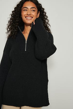 Black Karbowany sweter z dzianiny z zamkiem do połowy długości