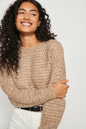 Beige Melange Kraftig strikket sweater med rund hals