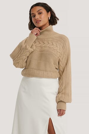Beige High Neck Cable Detail Knitted Sweater