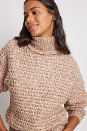 Beige Melange Kraftig strikket sweater med høj hals