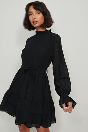 Black Vestido mini dobby de cuello alto
