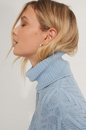 Blue High Neck Pattern Knit Sweater