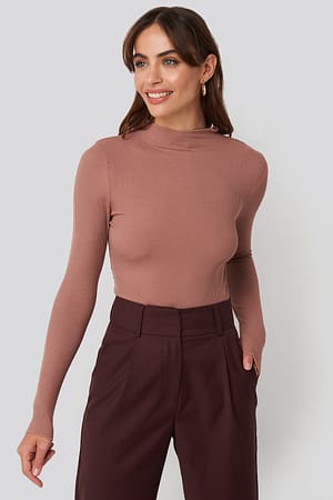 Brown High Neck Ribbed Top
