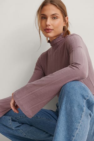 Lilac High Neck Ribbed Trumpet Sleeve Top