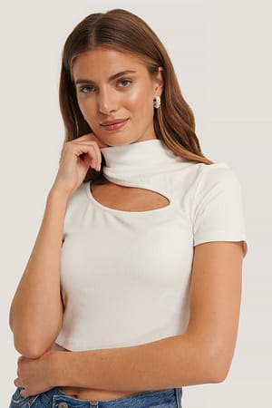 Offwhite High Neck Short Sleeve Cut Out Top