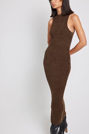 Brown High Neck Sleeveless Knitted Midi Dress