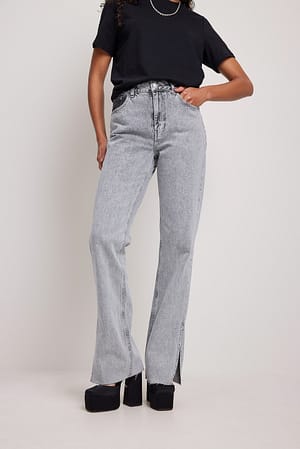 Washed Grey High Slit Straight Jeans
