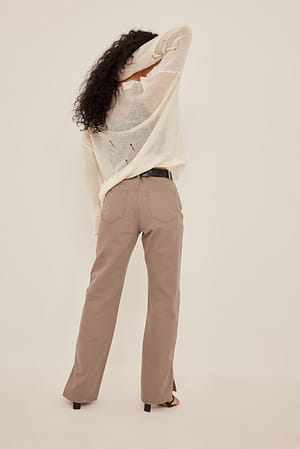 Dusty Brown High Waist Straight Side Slit Jeans